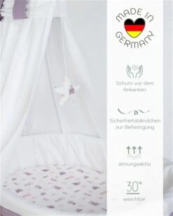 Mionido Stubenwagen Maxi Weiß Pyjamabär Flieder Mit Garnierung, Matratze Und Matratzenbezug -Babyprodukte Geschäft 0300 23 13