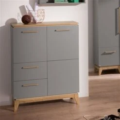Paidi Sten Highboard 2 Türen, 2 Schubkästen Schiefergrau/Eiche Massiv - Gratis Lieferung