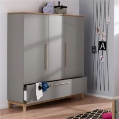 Paidi Sten Kleiderschrank 3T 1S Schiefergrau/Eiche Massiv - Versandkostenfrei