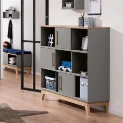 Paidi Sten Standregal 9 Fächer, 3 Schiebetüren Steingrau/Eiche Massiv